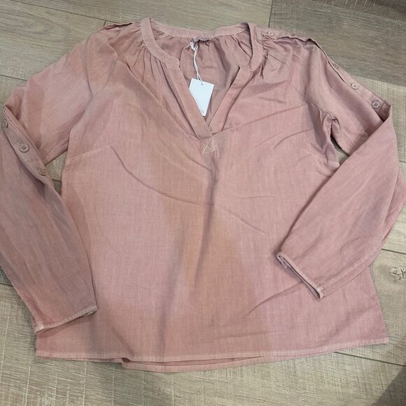 Barrymore Button Sleeve Blouse Ecru Small Dusty Rose Lightweight Cotton NEW - Picture 1 of 9